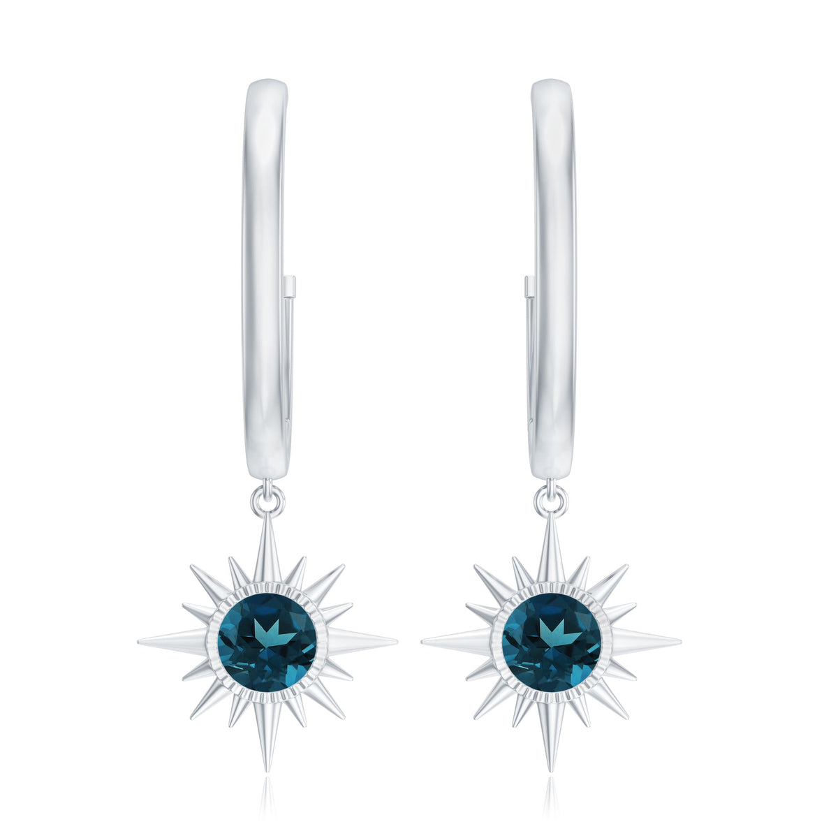 Real London Blue Topaz Sunburst Hoop Drop Earrings for Women