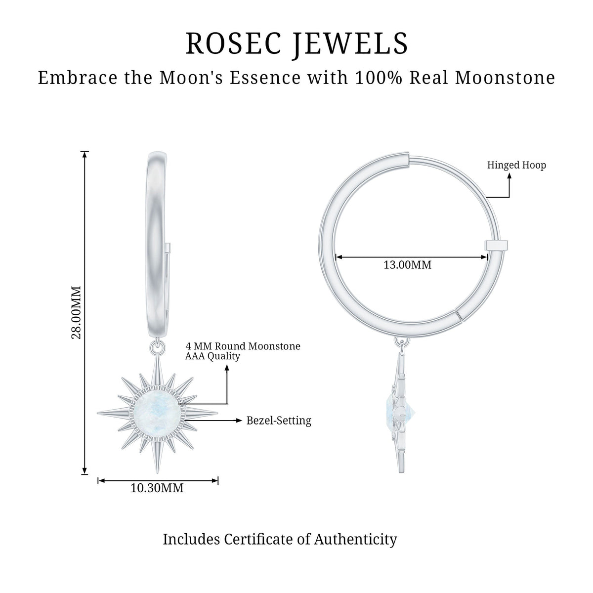 Natural 0.7 Carat Moonstone Sunburst Drop Earrings with Hinged Hoop