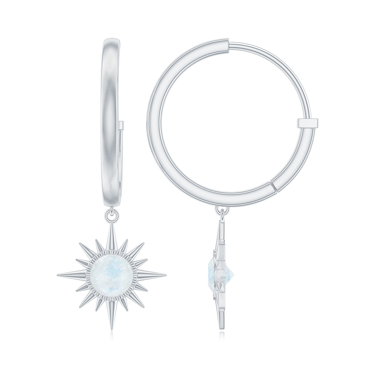 Natural 0.7 Carat Moonstone Sunburst Drop Earrings with Hinged Hoop