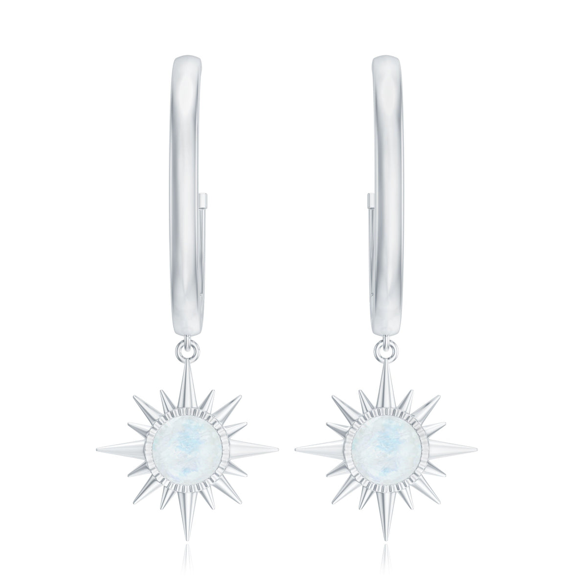 Natural 0.7 Carat Moonstone Sunburst Drop Earrings with Hinged Hoop