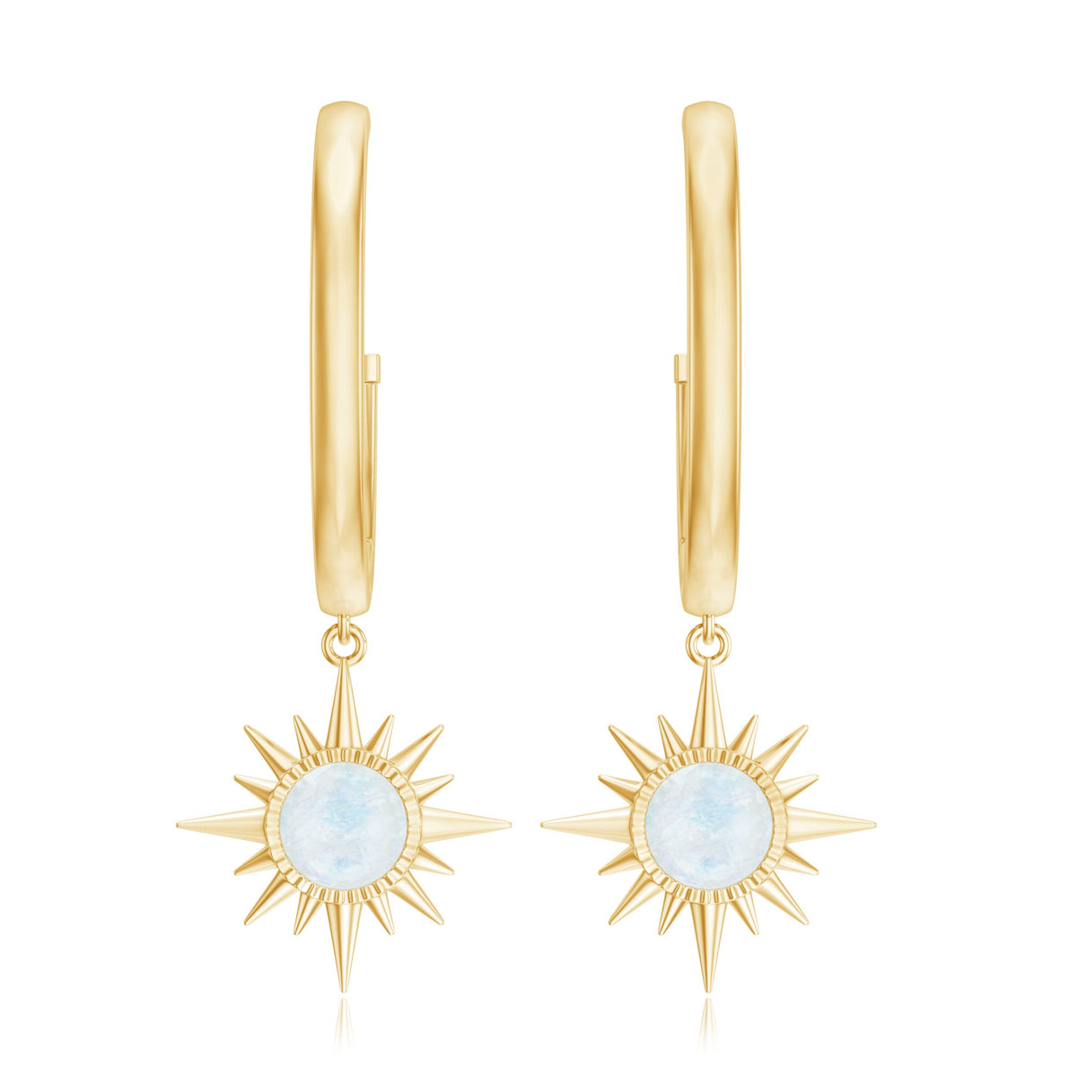 Natural 0.7 Carat Moonstone Sunburst Drop Earrings with Hinged Hoop