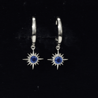 Bezel Set Blue Sapphire Sunburst Drop Hoop Earrings