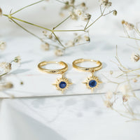 Bezel Set Blue Sapphire Sunburst Drop Hoop Earrings