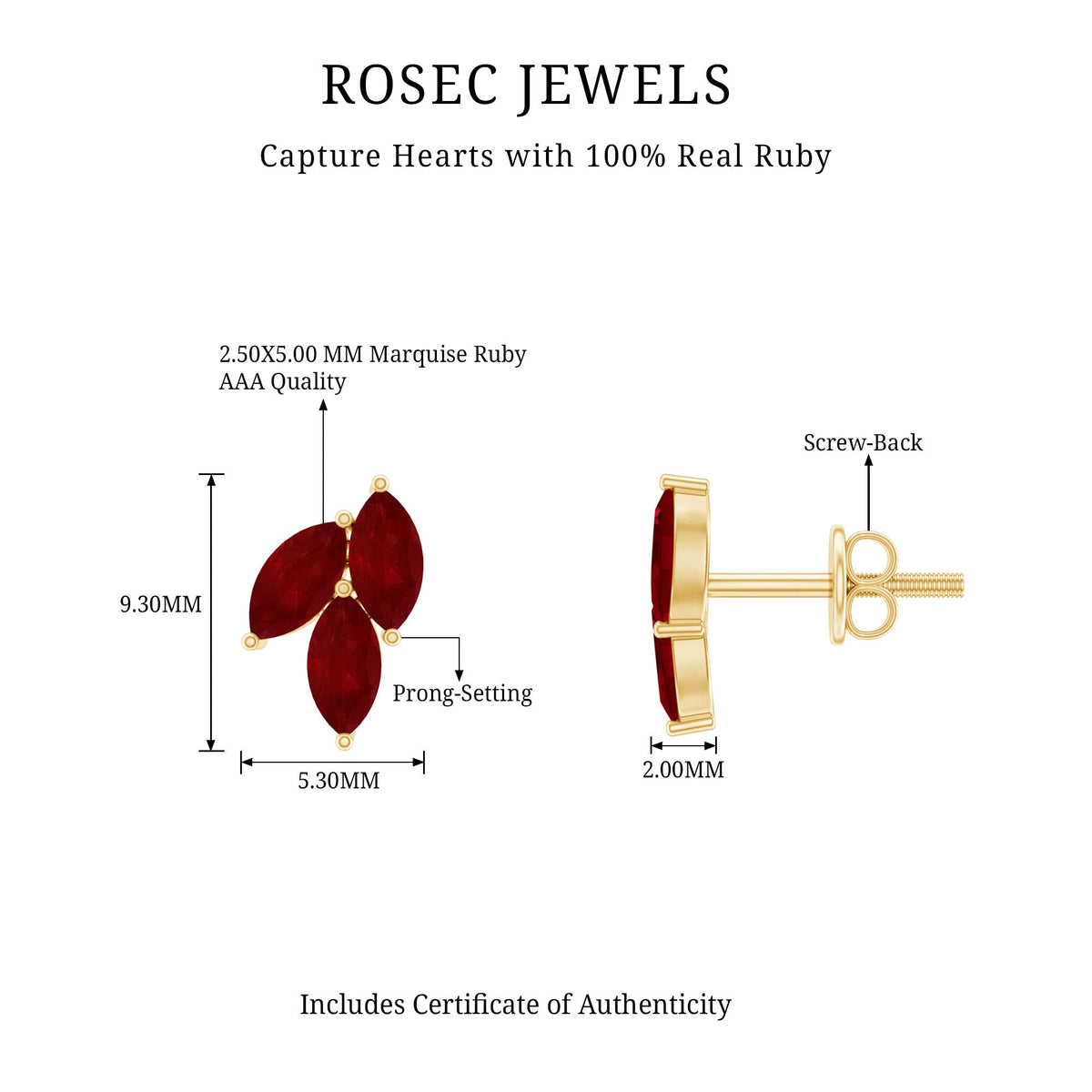 Certified marquise-shaped ruby leaf stud earrings for women by Rosec Jewels, featuring vibrant red rubies and elegant leaf design.