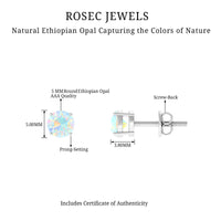 Round Shape Genuine Ethiopian Opal Solitaire Stud Earrings