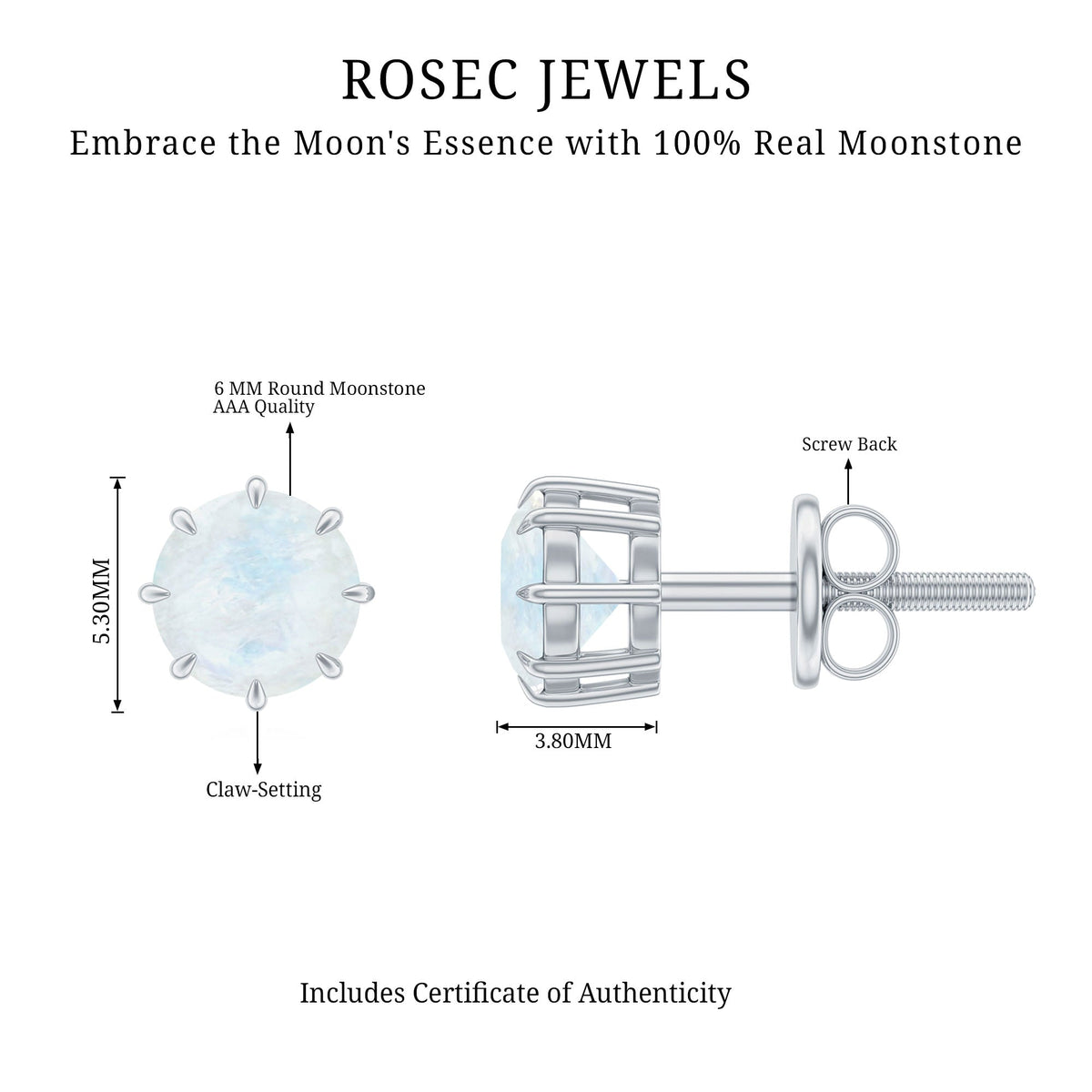 Real 0.7 Carat Moonstone Stud Earrings with Screw Back