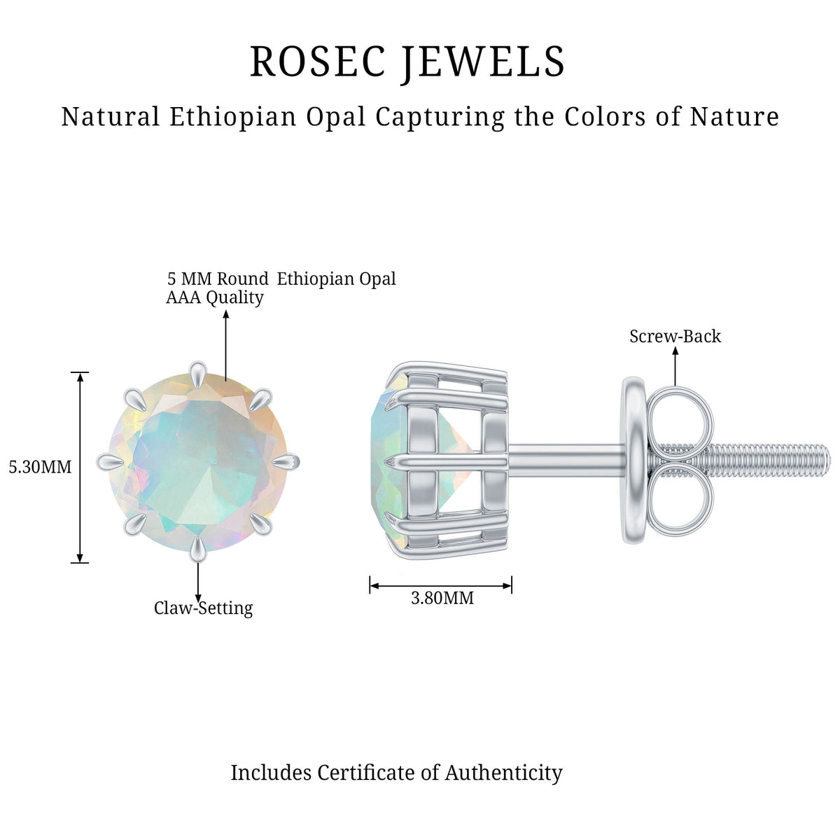 1 Carat Natural Ethiopian Opal Solitaire Stud Earrings