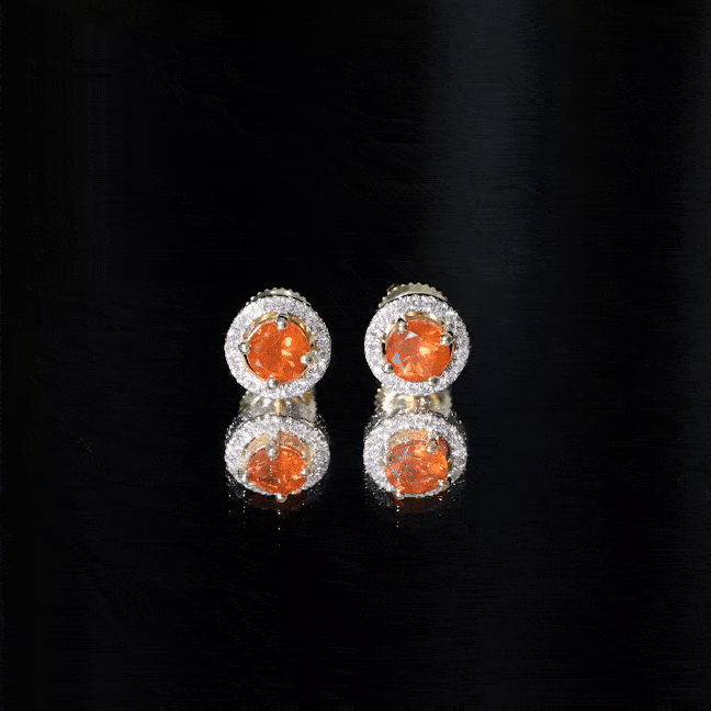 Natural orange fire opal stud earrings with diamonds by Rosec Jewels, showcasing vibrant orange gemstones set in elegant earrings.