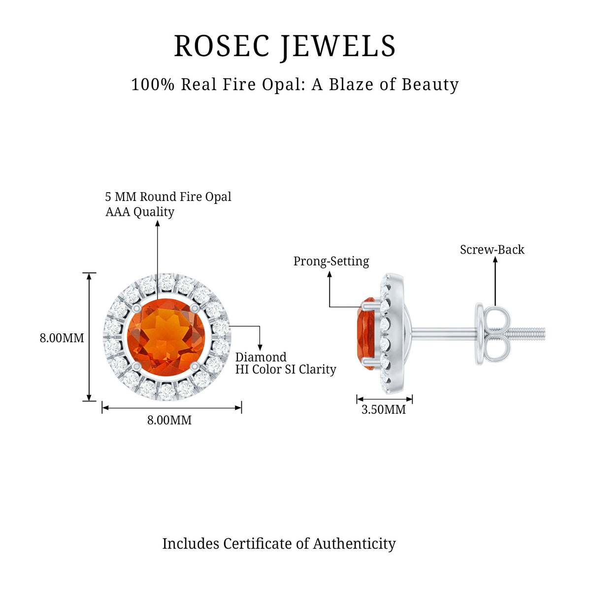 Natural orange fire opal stud earrings with diamonds from Rosec Jewels, showcasing vibrant gemstones and sparkling accents.