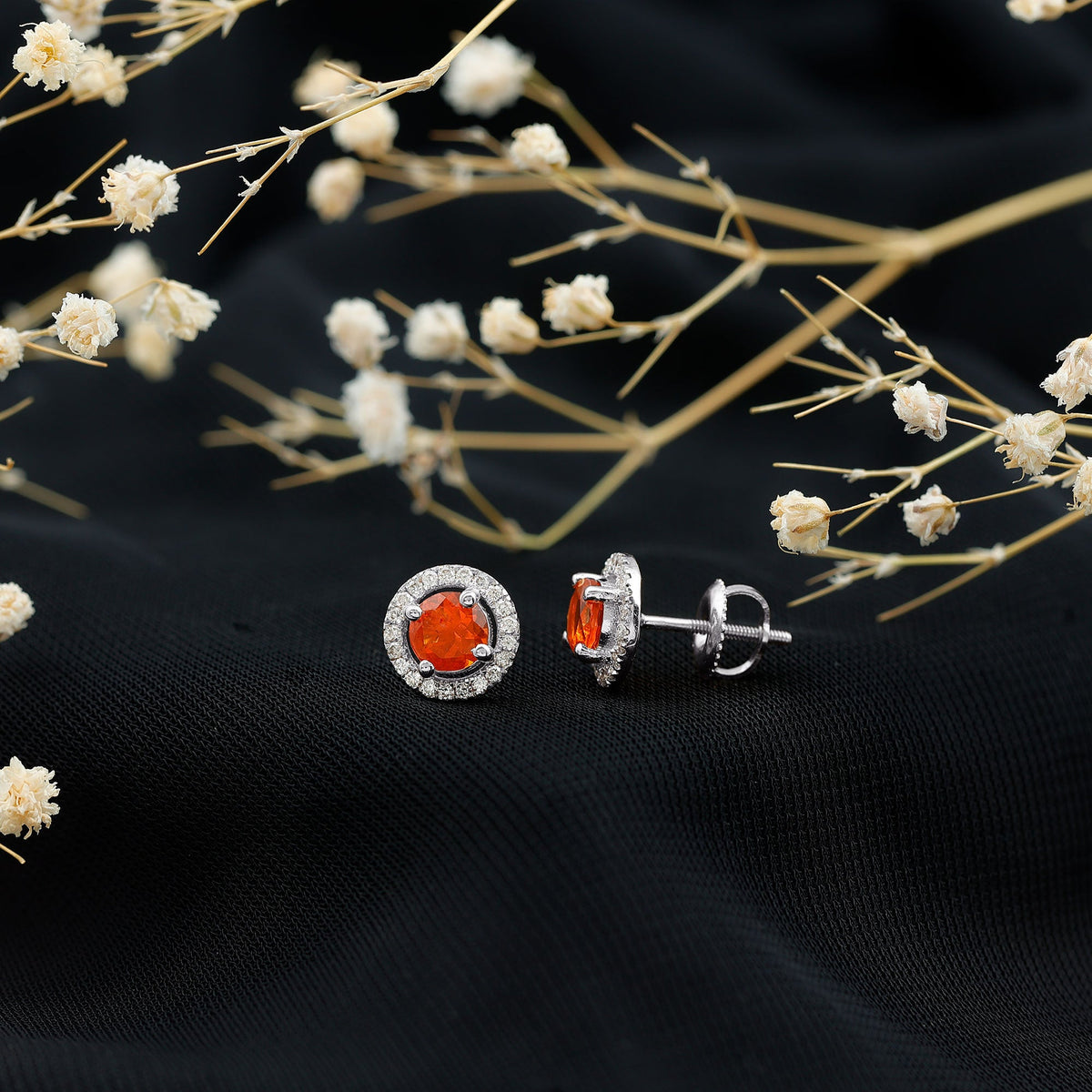 Natural orange fire opal stud earrings with diamonds by Rosec Jewels, showcasing vibrant fiery orange gemstones and sparkling diamond accents.