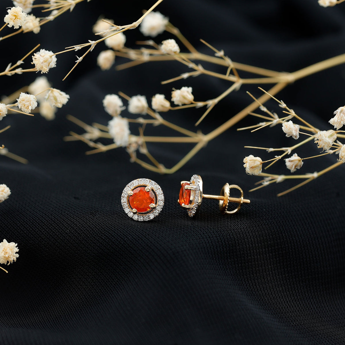 Natural orange fire opal stud earrings with diamonds, elegant jewelry from Rosec Jewels featuring vibrant gemstones and sparkling accents.