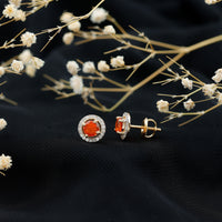 Natural orange fire opal stud earrings with diamonds, elegant jewelry from Rosec Jewels featuring vibrant gemstones and sparkling accents.
