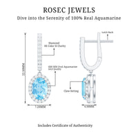 Natural 6X8mm Oval Aquamarine Drop Earrings with Diamond Halo