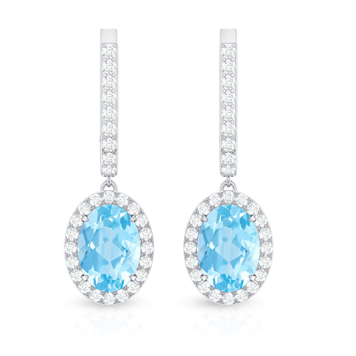 Natural 6X8mm Oval Aquamarine Drop Earrings with Diamond Halo