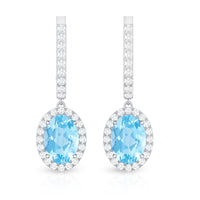 Natural 6X8mm Oval Aquamarine Drop Earrings with Diamond Halo