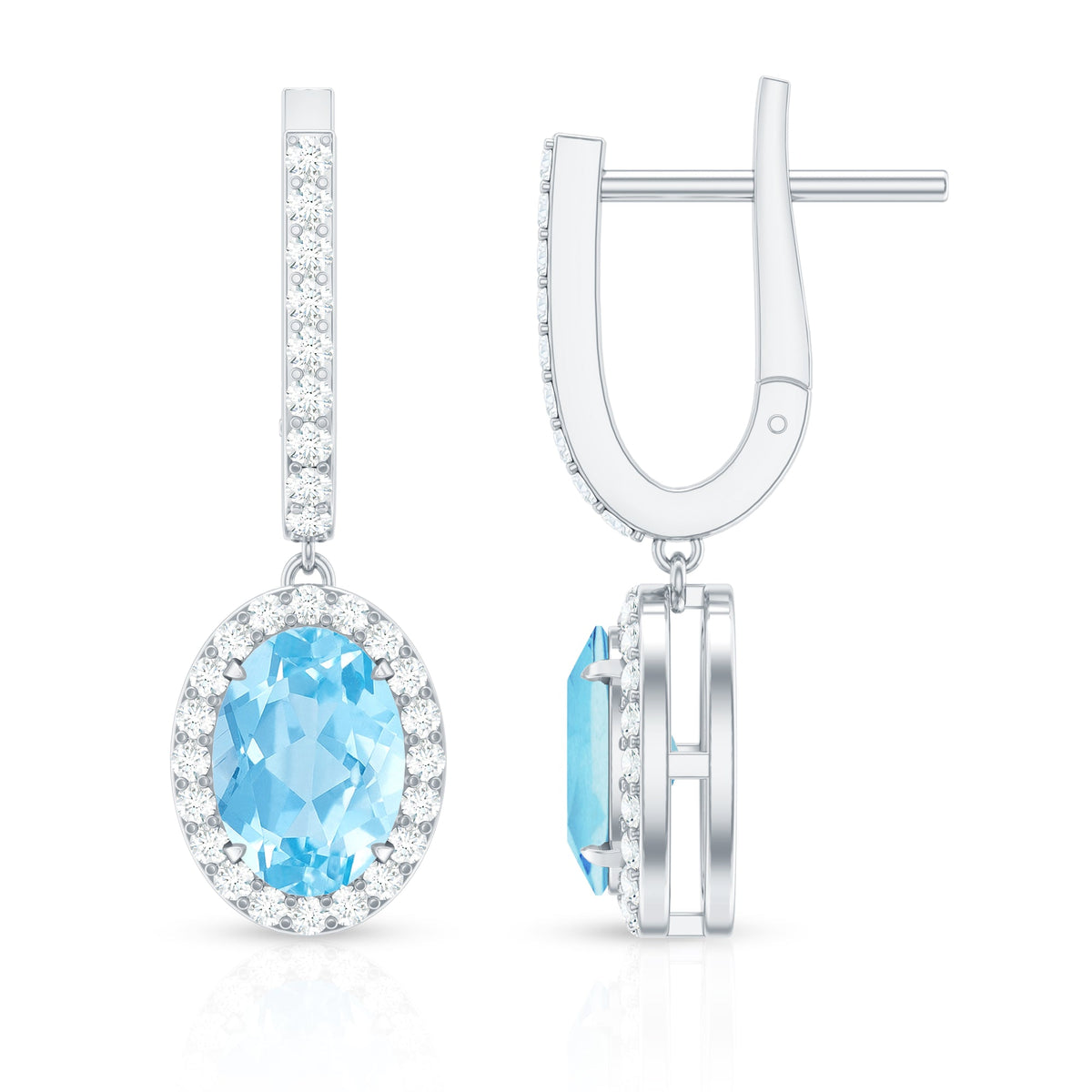 Natural 6X8mm Oval Aquamarine Drop Earrings with Diamond Halo
