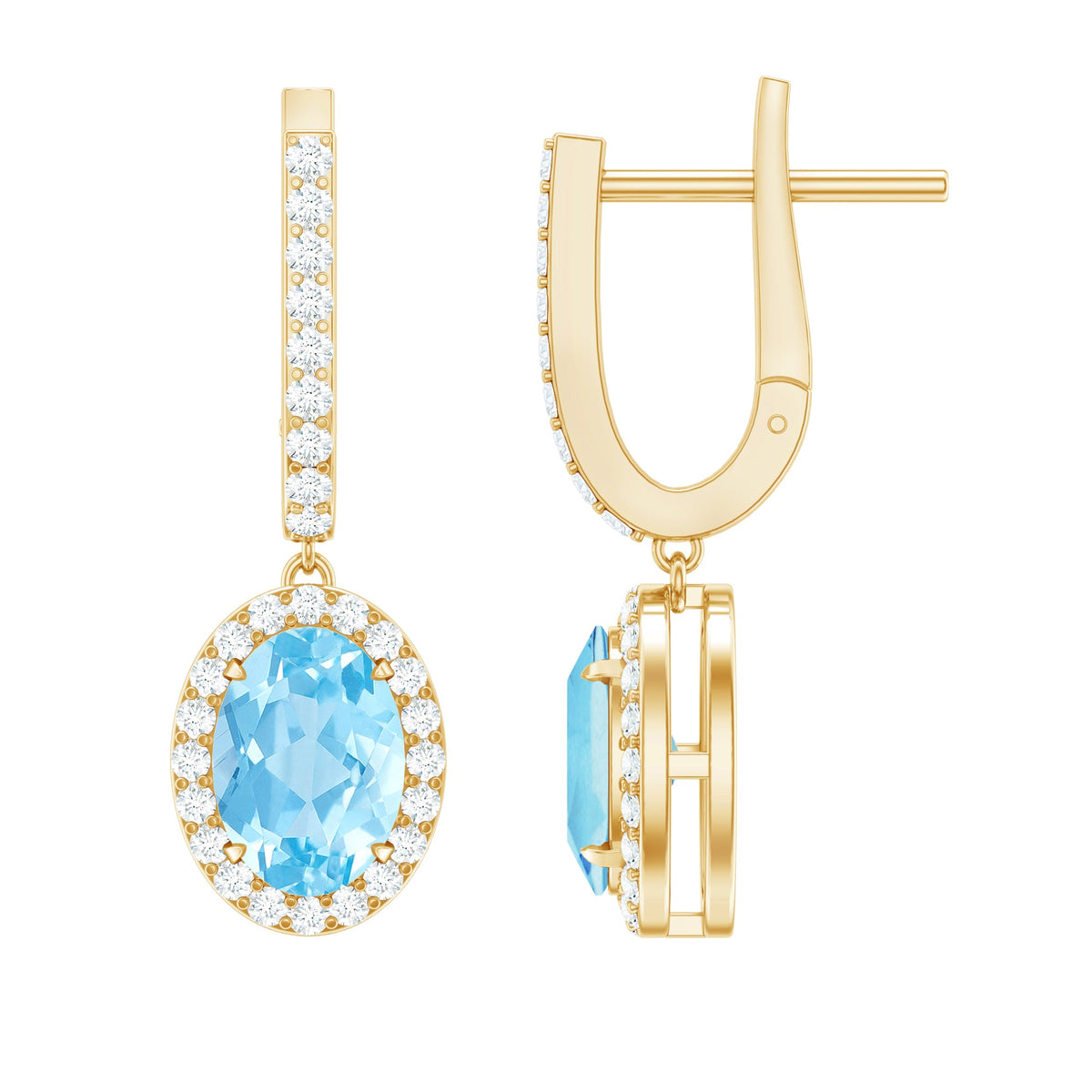 Natural 6X8mm Oval Aquamarine Drop Earrings with Diamond Halo