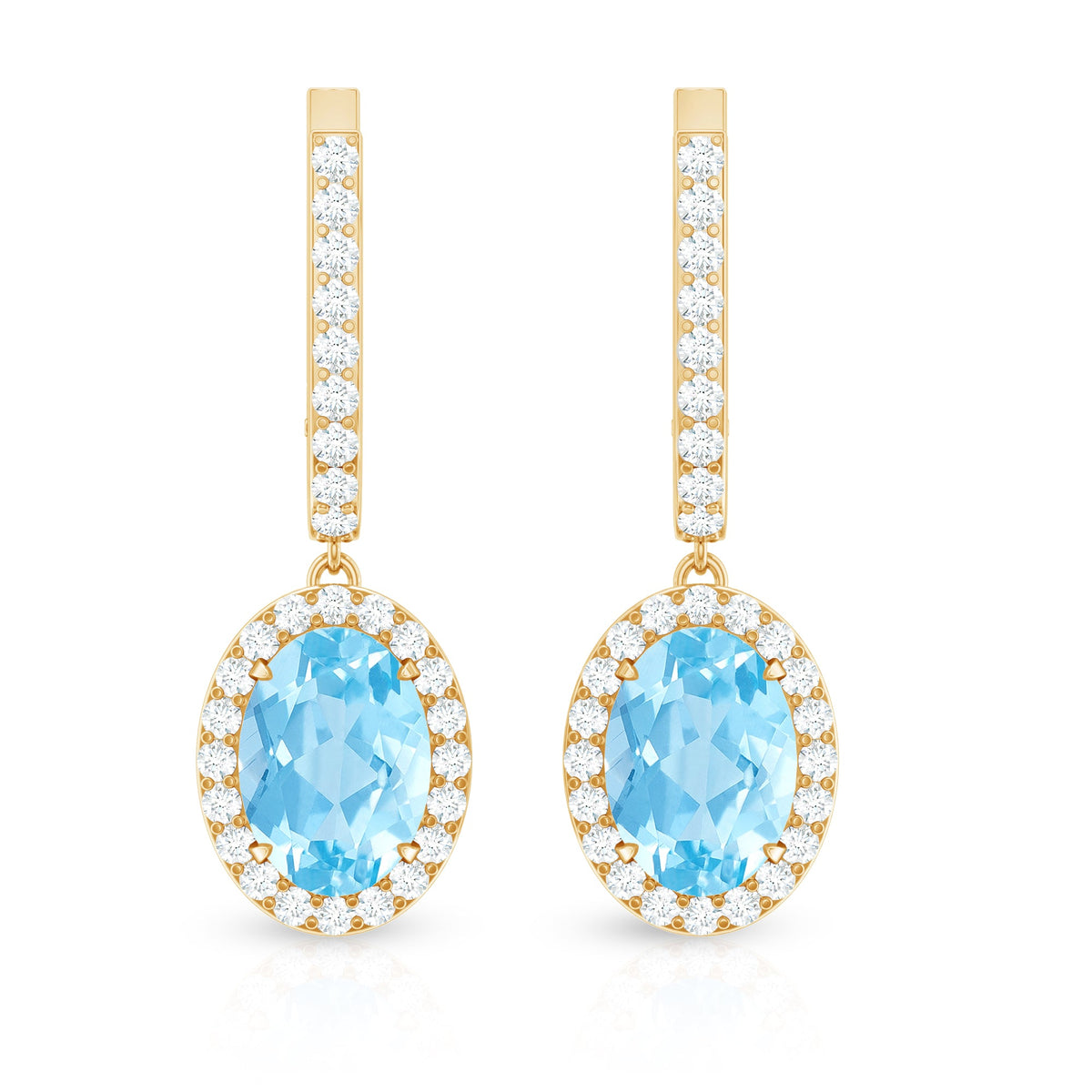 Natural 6X8mm Oval Aquamarine Drop Earrings with Diamond Halo