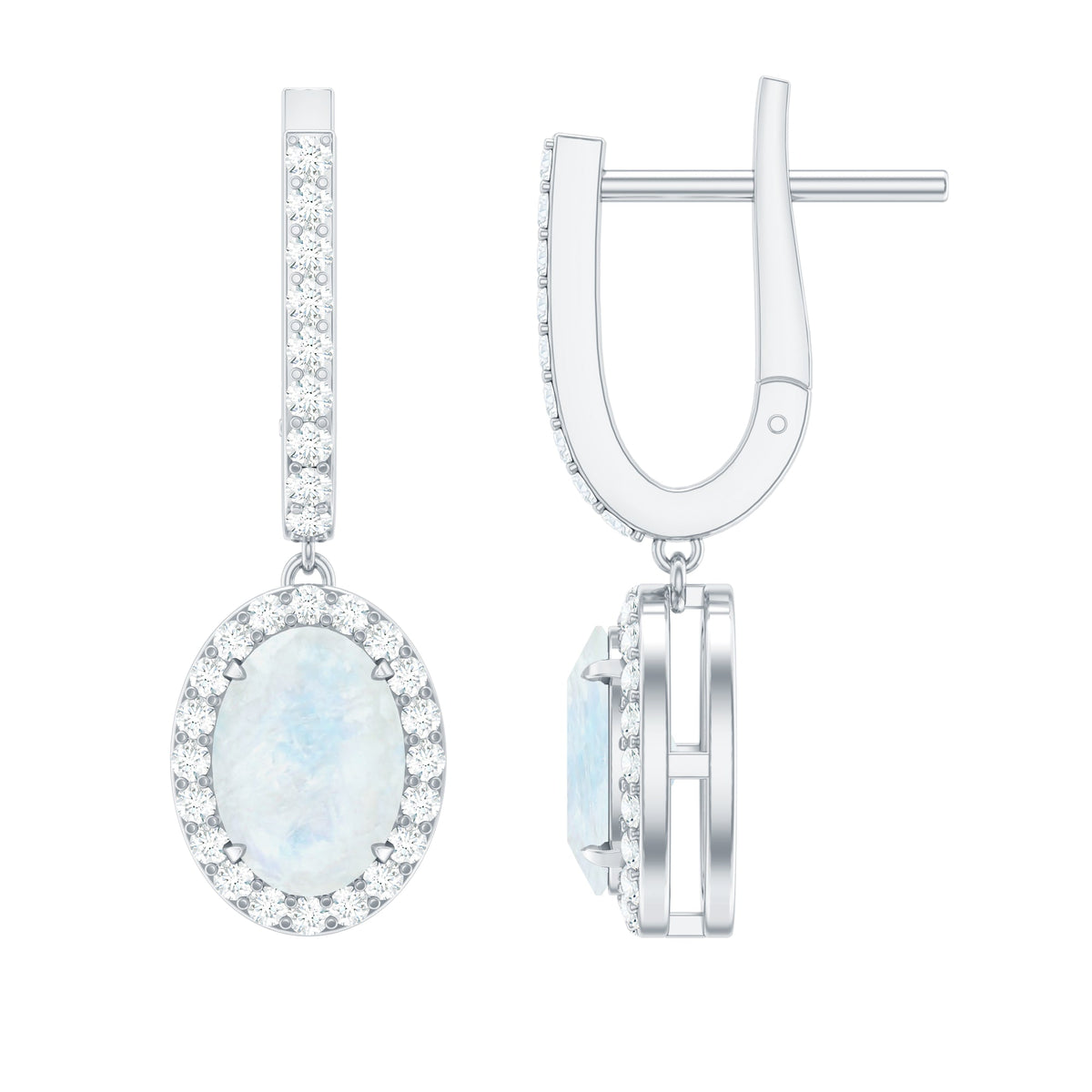 Genuine 1.2 carat oval moonstone drop hoop earrings with diamond accents by Rosec Jewels, showcasing elegant jewelry design.