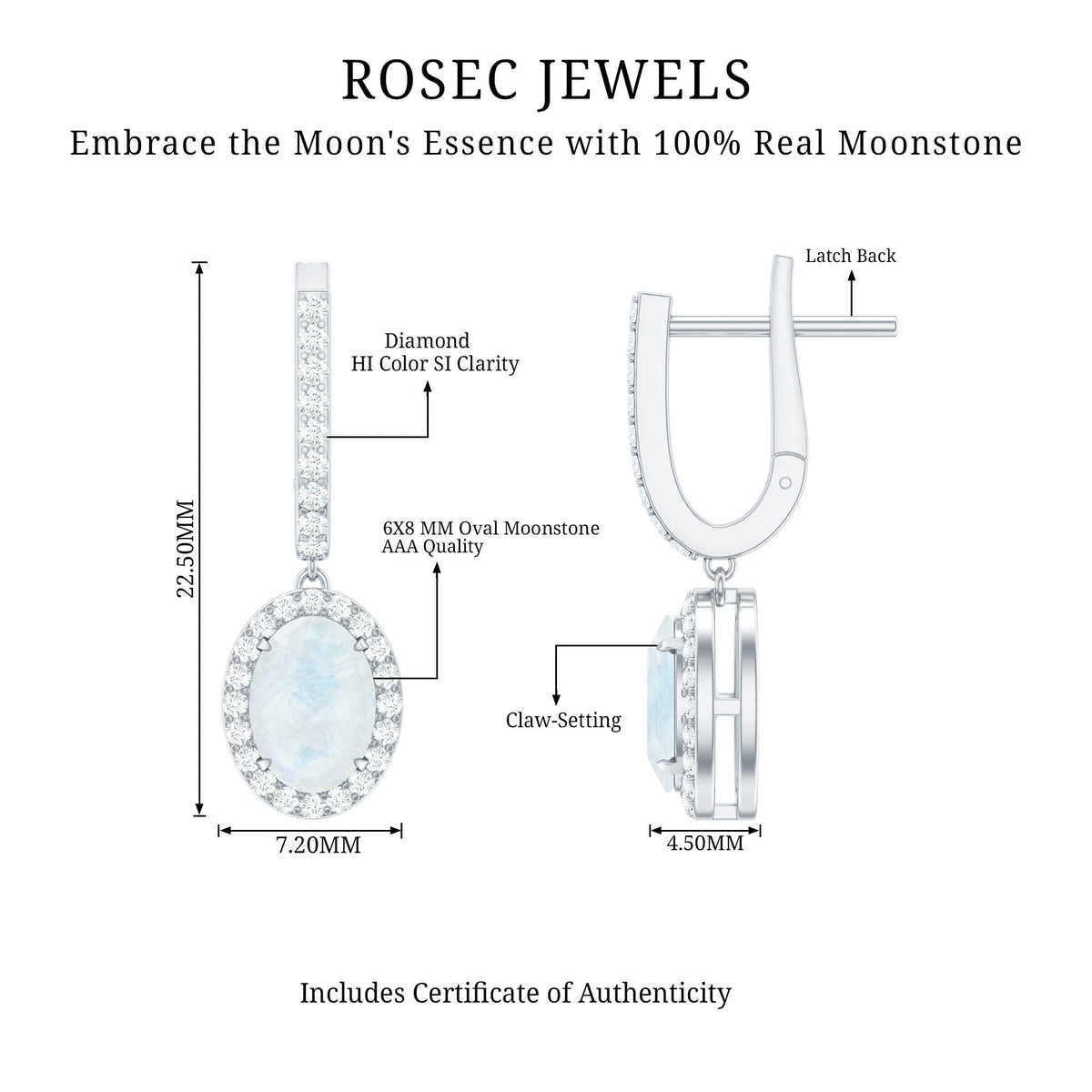 Genuine 1.2 carat oval moonstone drop hoop earrings with diamond accents by Rosec Jewels, featuring elegant jewelry craftsmanship.