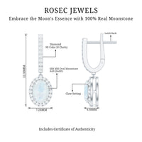 Genuine 1.2 carat oval moonstone drop hoop earrings with diamond accents by Rosec Jewels, featuring elegant jewelry craftsmanship.