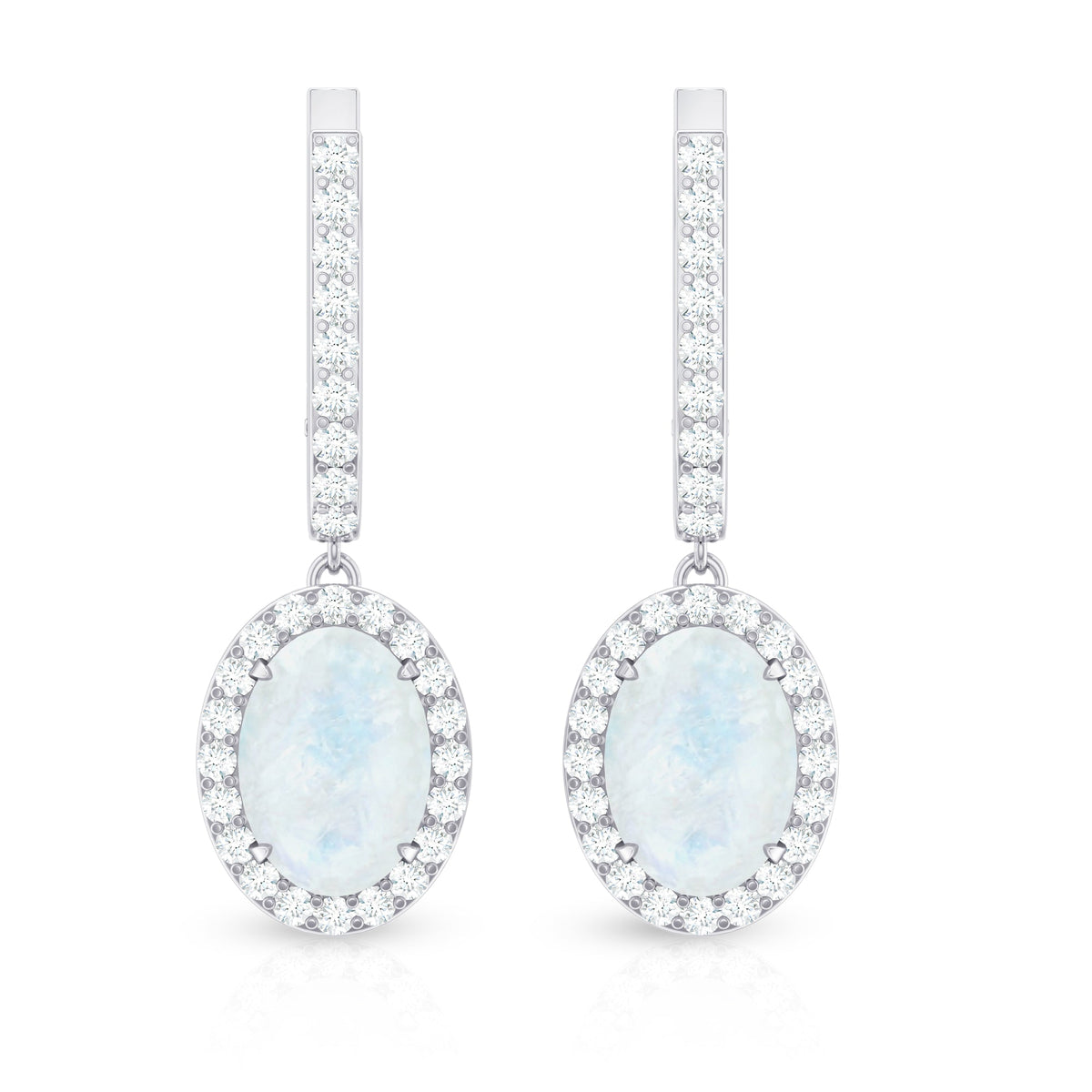 Genuine 1.2 carat oval moonstone drop hoop earrings with diamond accents from Rosec Jewels, featuring elegant jewelry design.