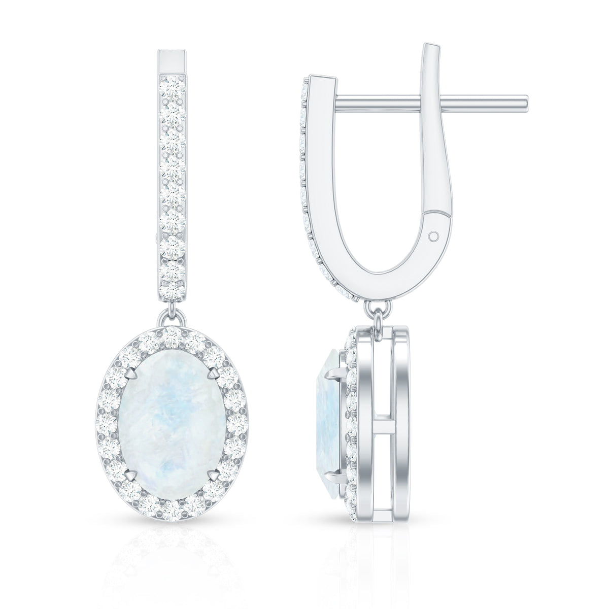 Genuine 1.2 carat oval moonstone drop hoop earrings with diamonds from Rosec Jewels, showcasing elegant jewelry design.