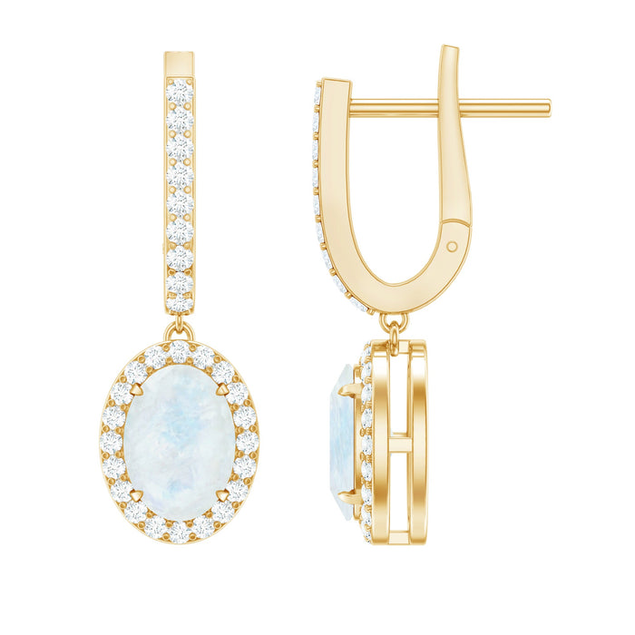 Genuine 1.2 carat oval moonstone drop hoop earrings with diamond accents by Rosec Jewels, featuring elegant gemstone design.