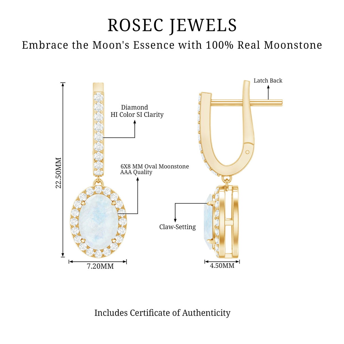 Genuine 1.2 carat oval moonstone drop hoop earrings with diamond accents by Rosec Jewels, showcasing shimmering moonstone and elegant design.
