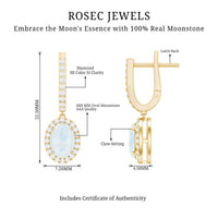 Genuine 1.2 carat oval moonstone drop hoop earrings with diamond accents by Rosec Jewels, showcasing shimmering moonstone and elegant design.