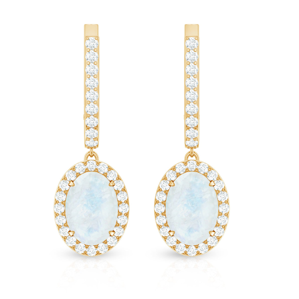 Genuine 1.2 carat oval moonstone drop hoop earrings with diamond accents from Rosec Jewels.