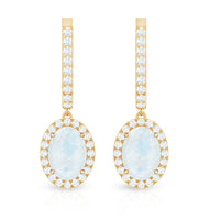 Genuine 1.2 carat oval moonstone drop hoop earrings with diamond accents from Rosec Jewels.