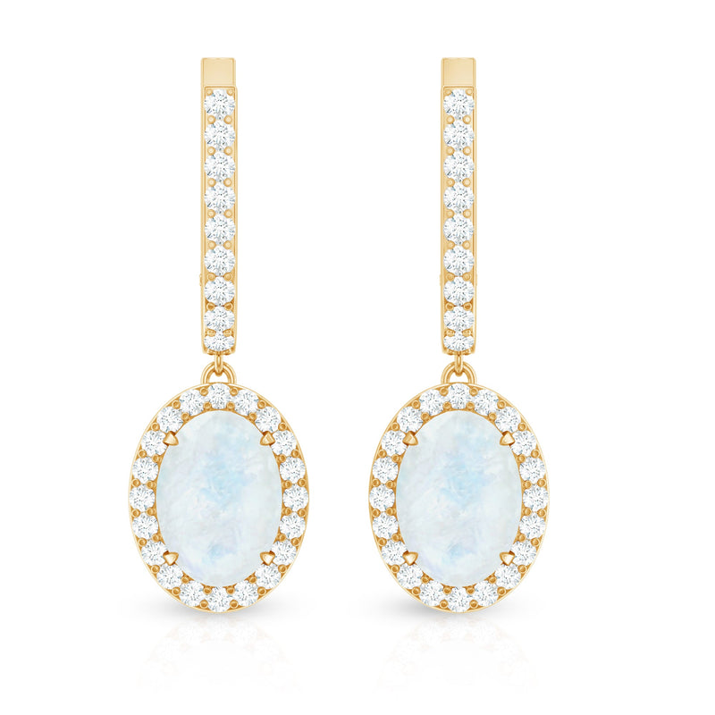 Genuine 1.2 carat oval moonstone drop hoop earrings with diamond accents from Rosec Jewels.