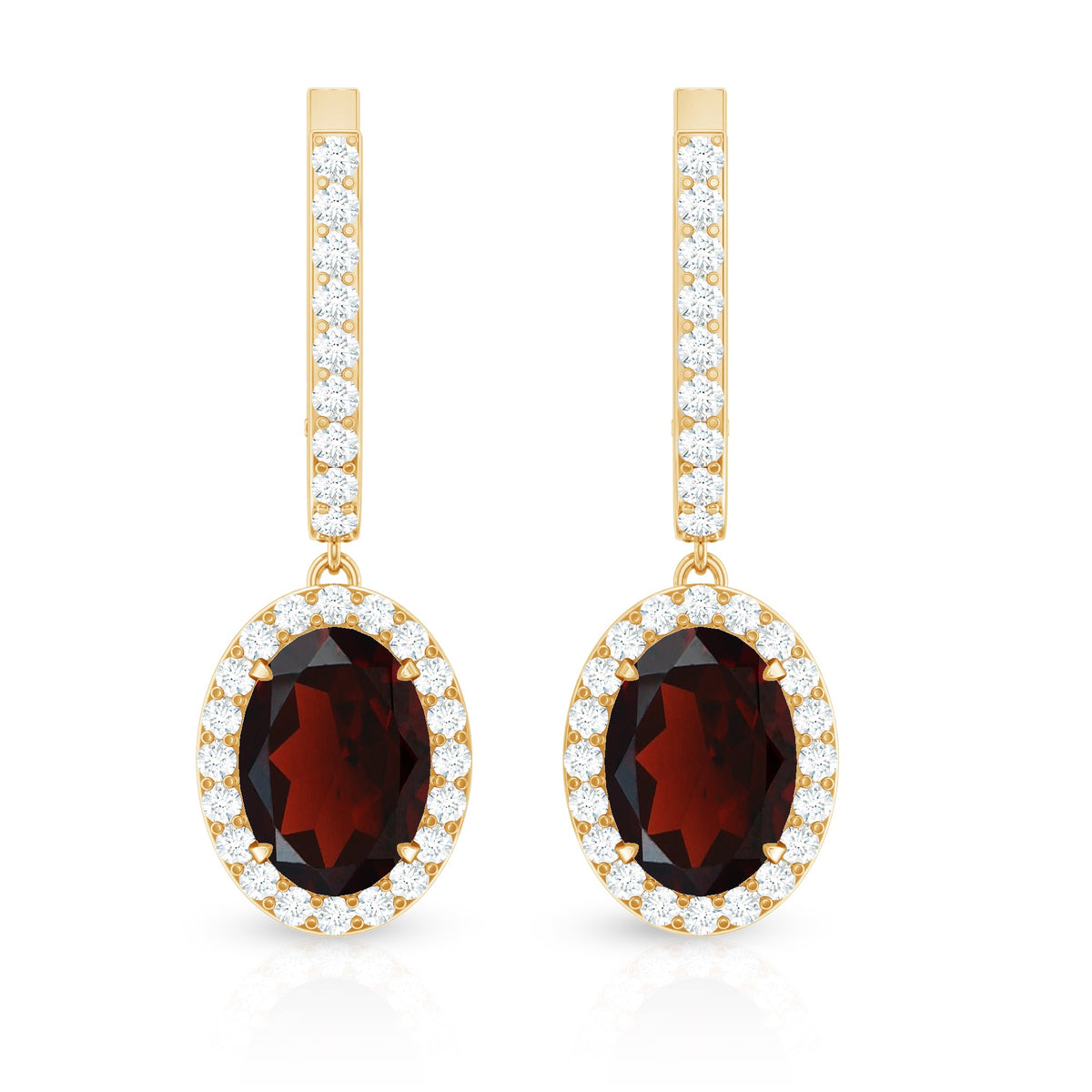 Oval Garnet and Diamond Hoop Drop Earrings with Latch Back