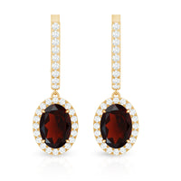 Oval Garnet and Diamond Hoop Drop Earrings with Latch Back