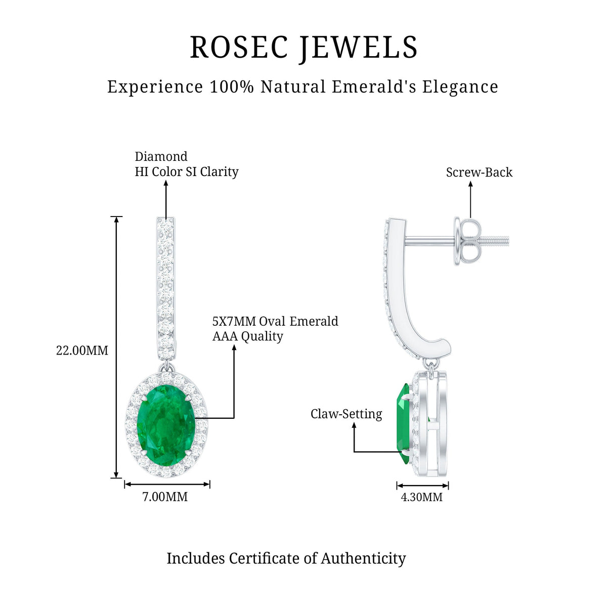Oval emerald hoop earrings with diamond halo, Rosec Jewels drop earrings featuring elegant green gemstones and sparkling accents.