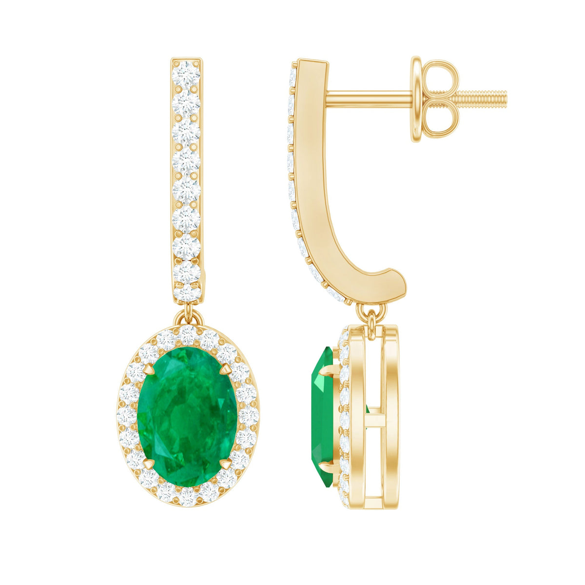 Oval emerald hoop earrings with diamond halo, Rosec Jewels earrings featuring vibrant green stones and sparkling accents.