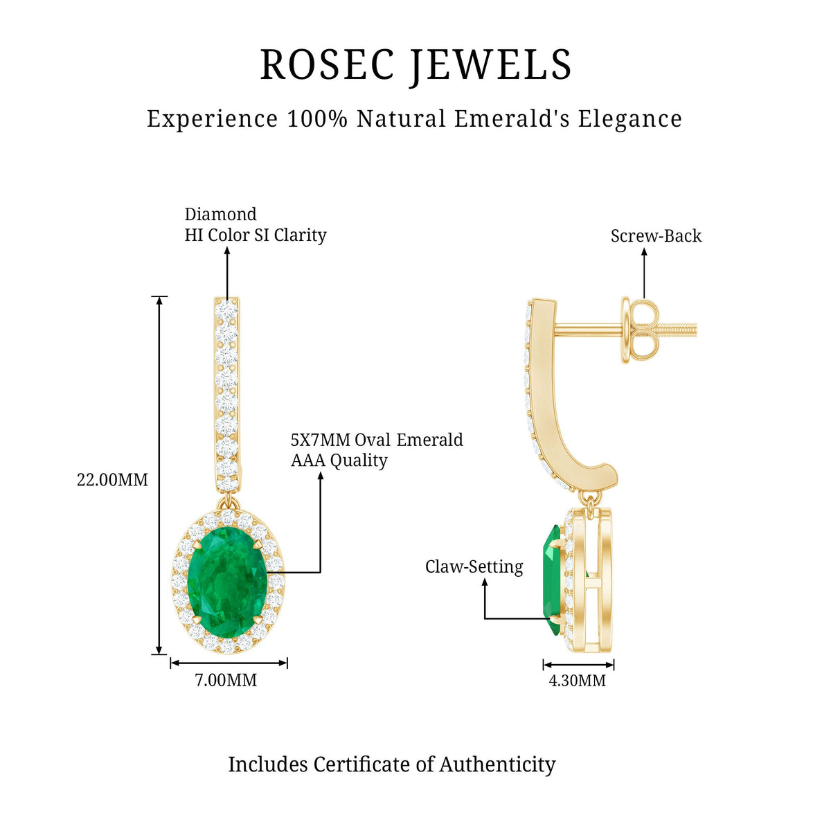 Oval emerald hoop earrings with diamond halo from Rosec Jewels, featuring a stylish drop earring design.
