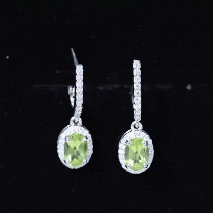Yellow 2-carat claw set peridot and moissanite drop hoop earrings by Rosec Jewels, featuring vibrant gemstones and elegant design.
