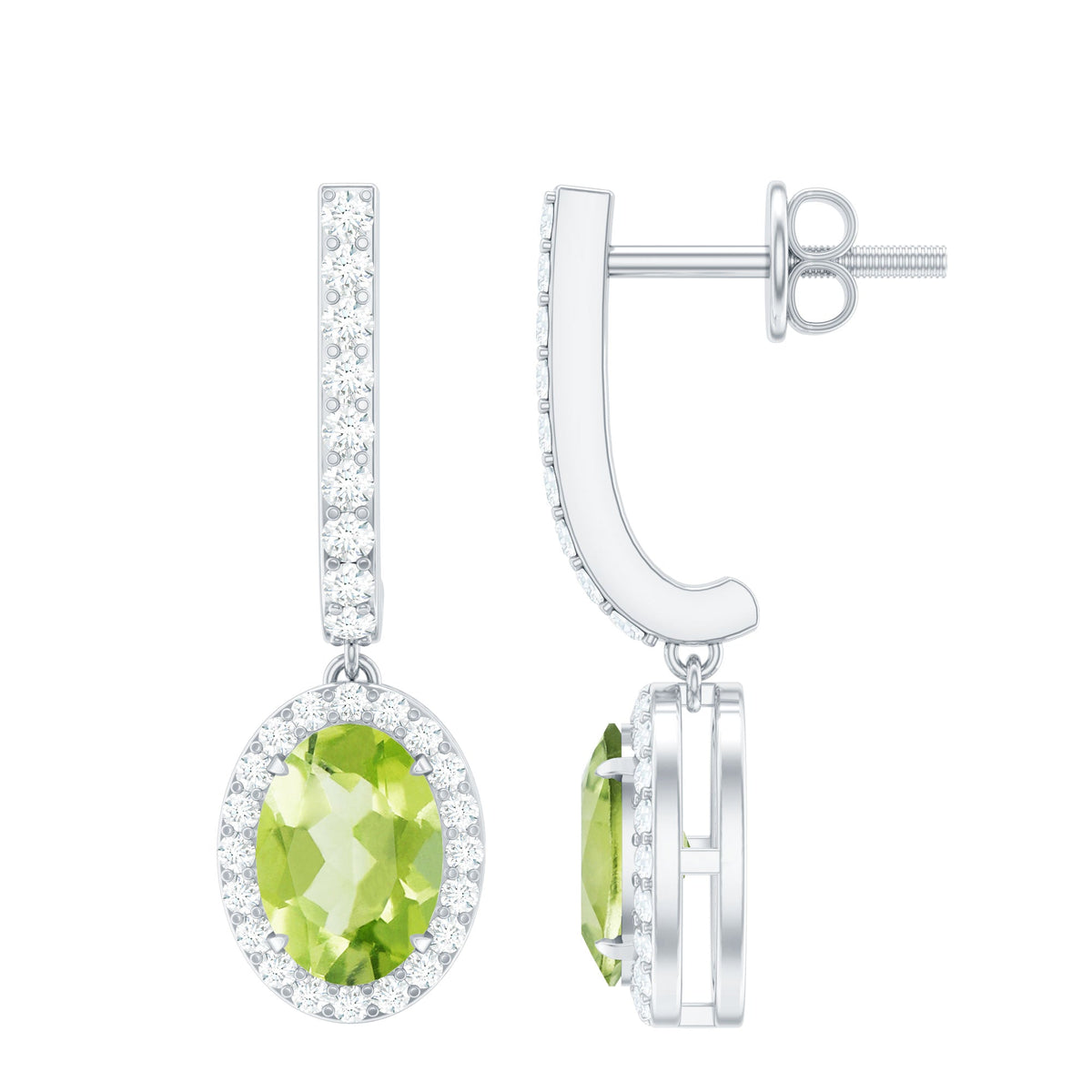 2 Carat Peridot and Moissanite Drop Hoop Earrings with claw set design by Rosec Jewels, featuring vibrant green gemstones.