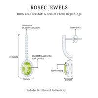 Two-carat claw set peridot and moissanite drop hoop earrings with rose gold finish from Rosec Jewels