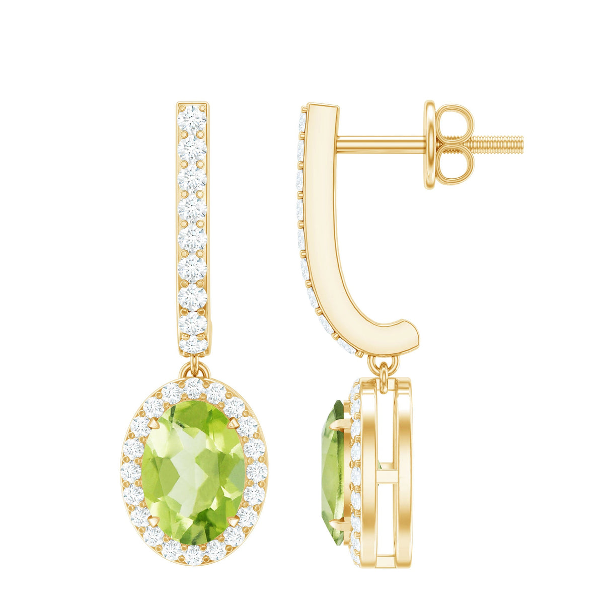 2 Carat peridot and moissanite drop hoop earrings with claw set design by Rosec Jewels, featuring vibrant green gemstones.