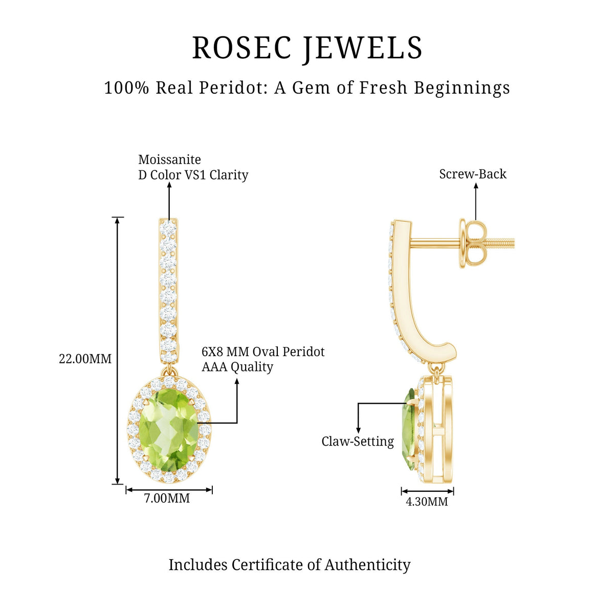 Two-carat claw set peridot and moissanite drop hoop earrings by Rosec Jewels featuring vibrant green gemstones and sparkling accents.