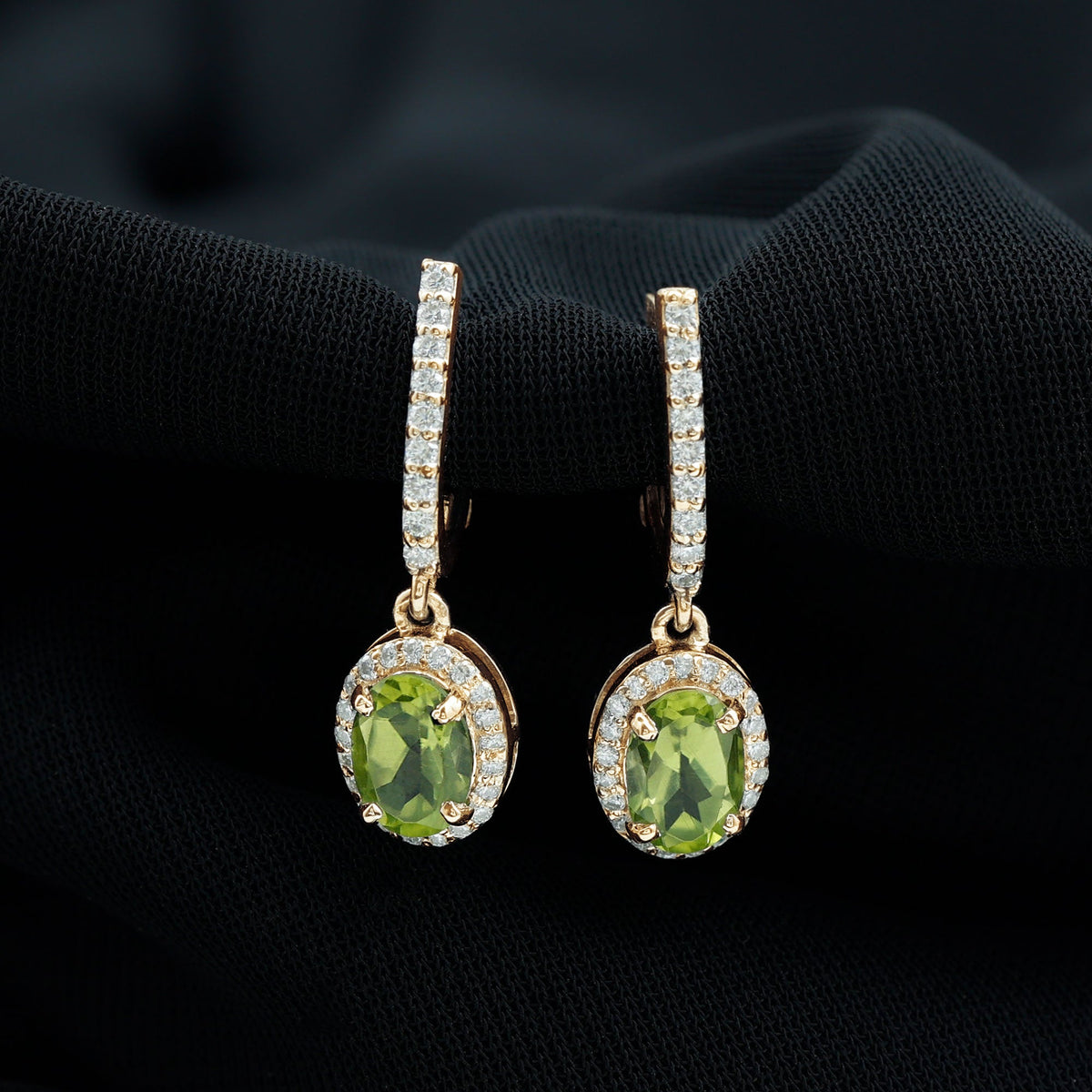 Rosec Jewels 2 Carat Claw Set Peridot and Moissanite Drop Hoop Earrings, gold-tone with vibrant green and sparkling stones