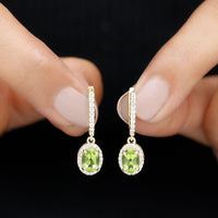 Peridot and moissanite drop hoop earrings with claw set design, 2 carats, by Rosec Jewels.