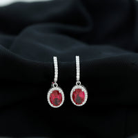 3 Carat Oval Lab Created Ruby Bridal Hoop Earrings with Diamond Halo