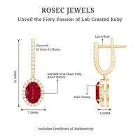 3 Carat Oval Lab Created Ruby Bridal Hoop Earrings with Diamond Halo