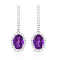 Natural Oval Amethyst Hoop Drop Earrings with Diamond Halo