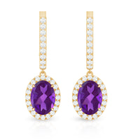 Natural Oval Amethyst Hoop Drop Earrings with Diamond Halo