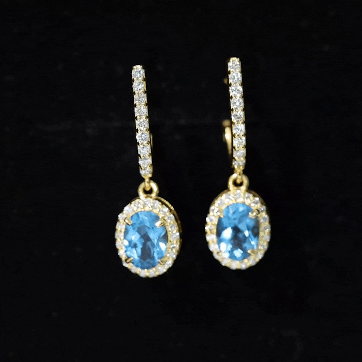 Oval London Blue Topaz and diamond hoop drop earrings by Rosec Jewels featuring 2.2 carats in a stylish earring design.